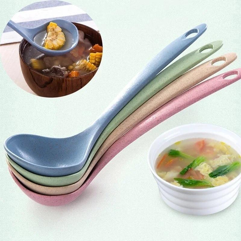 Tableware Wheat Straw Soup Ladle 4 Colors Long Handle Soup Rice Spoon Meal Dinner Scoops Household Kitchen Supplies Cooking Tool