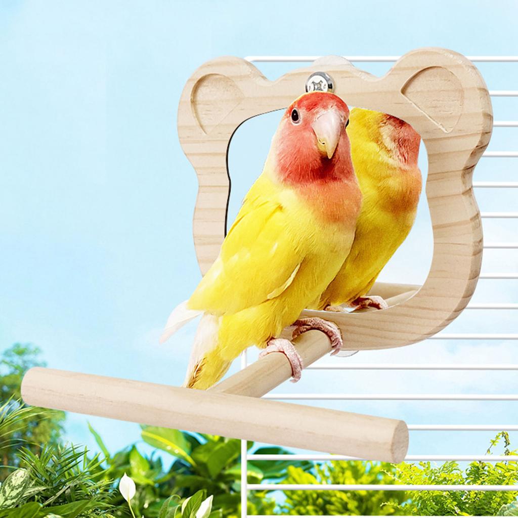 Bird Perch Stand Mirror Toy for Parrots Birdcage Stand Platform Cage Toy Bear Shape Mirror Cage Accessories Birds Toy