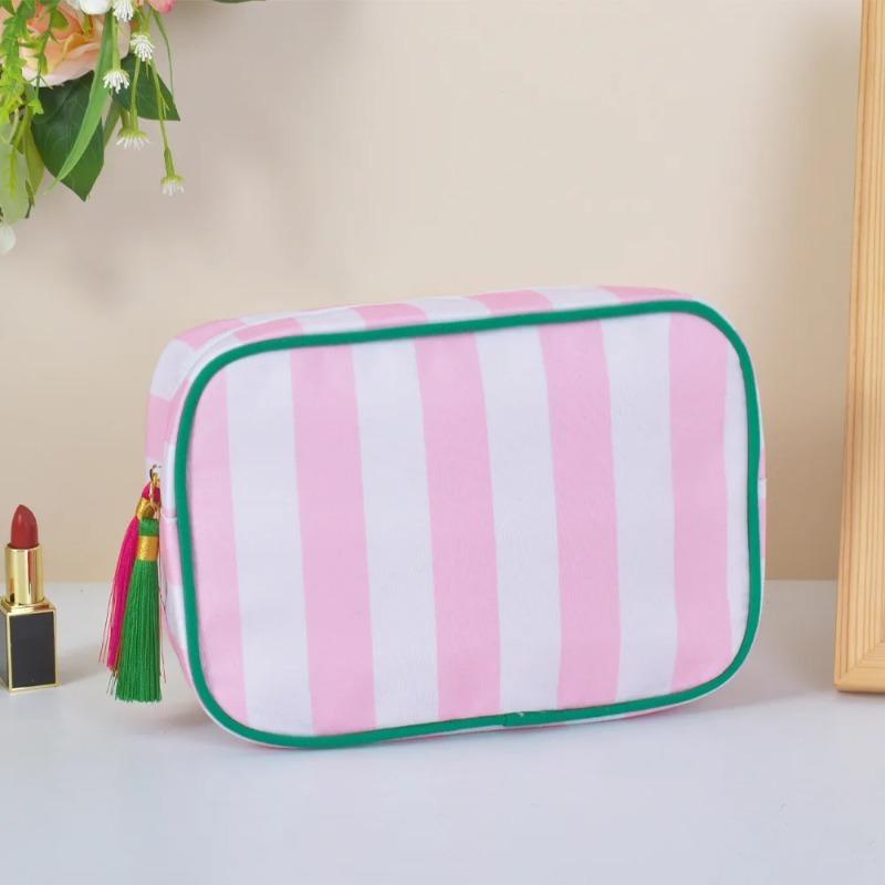 Large Striped Wash Cosmetic Bag for Women Tassel Zipper Makeup Bag Large Capacity Toiletry Storage Organizer Pouch Bags
