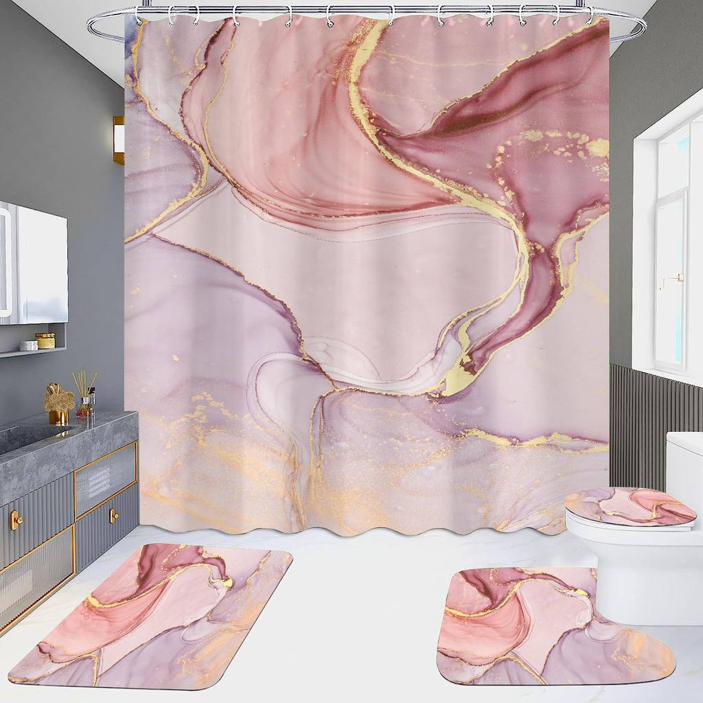 4Pcs Marble Series Shower Curtain Sets for Bathroom Non-Slip Bathroom Rugs Lid Toilet Cover Bath Mat
