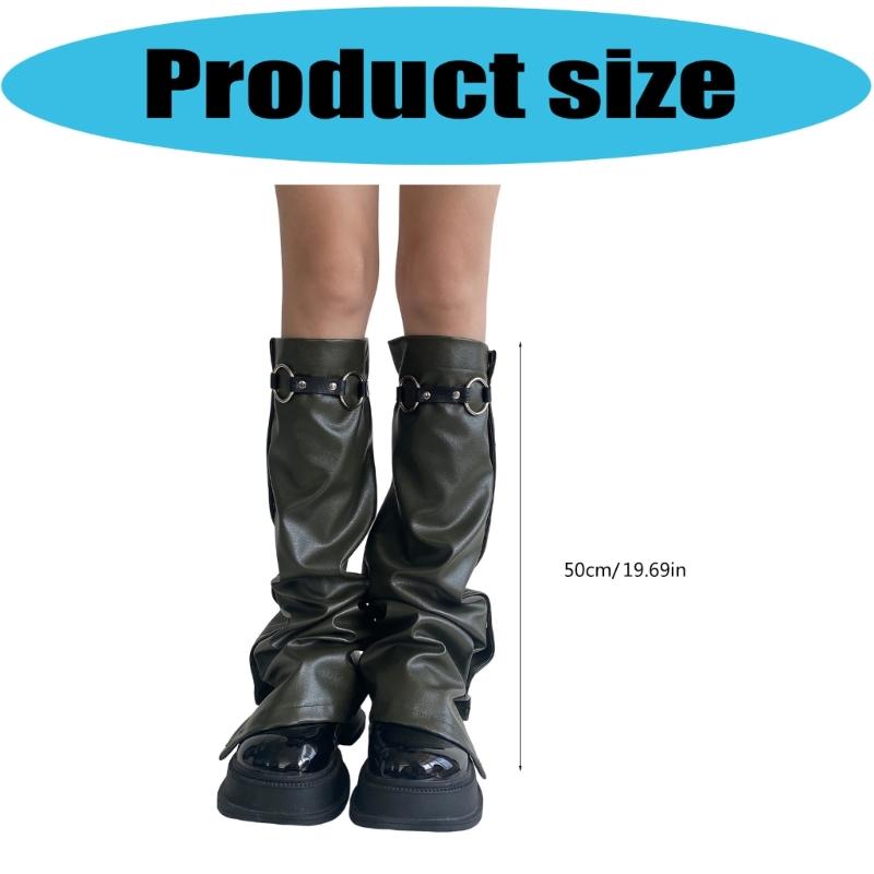Women Punk Buckle Leather Leg Warmers Harajuku Grunge Leg Socks Side Buttons Wide Baggy Boot Covers Gaiters Streetwear