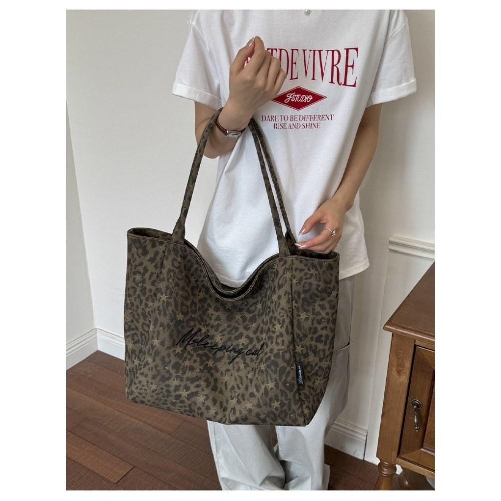 Women Leopard Print Large Capacity Canvas Tote Bag for Daily Casual Use