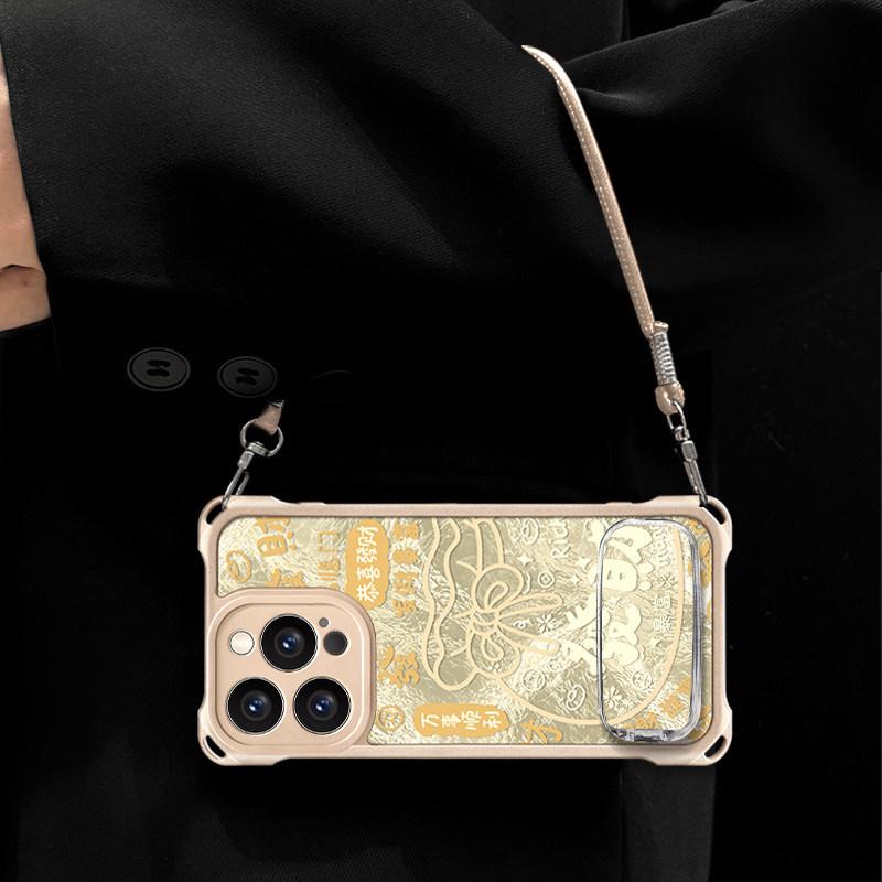 Getting rich is suitable for Apple 17Pro mobile phone case 16pro new 15 feather lanyard 14 mirror bracket premium soft case
