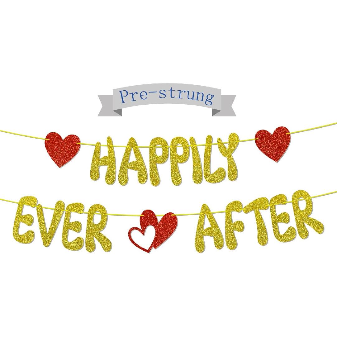 Happily Ever After Glitter Banner, NO-DIY,Bachelorette Wedding Party Banner Bridal Shower Banner Gold, Wedding Engagement Party Supplies