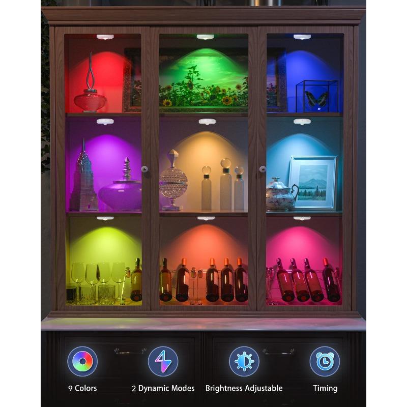 6 PCS RGB Rechargeable Night Lights with Remote Control Dimmable Timing Function LED Lights for Kitchen Cabinet Shelf