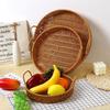 1Pcs Breakfast Bread Food Handwoven Rattan Basket Round Shape With Handle Storage Tray Fruit Vegetable Cake Wicker Food Plate