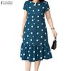 ZANZEA Women Casual V-Neck Short Sleeve Summer Polka Dot Print Dress