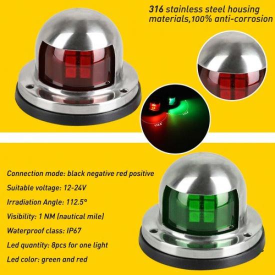 Boat Waterproof Light LED Navigation Marine Pontoon Lamp Bow Front Green Red 12V