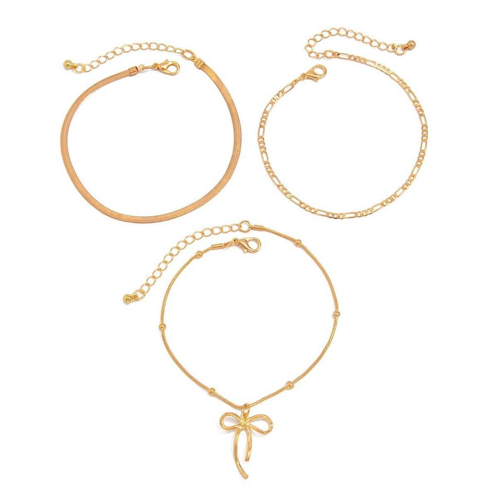 Salircon 3Pcs/Set Boho Summer Beach Thin Chain Anklets Women Trendy Simple Bowknot Ankle Chain Barefoot Foot Jewelry Accessories