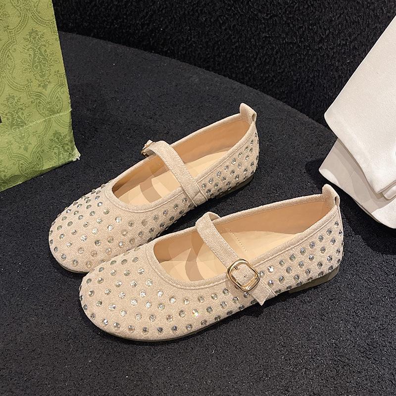 

Туфли Мэри Джейн туфли феи ранняя осень новинка плоская подошва круглый носок мелкий вырез стразы ремешок с надписью одинарные туфли девочка 40 бежевый