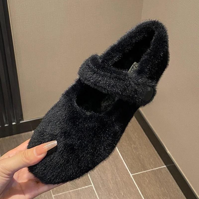 Fashion Autumn Winter Warm Fluffy Flat Shoes Women Comfort Round Toe Mary Jane Shoes Ladies Soft Cotton Shoes Loafers Zapatos De Mujer