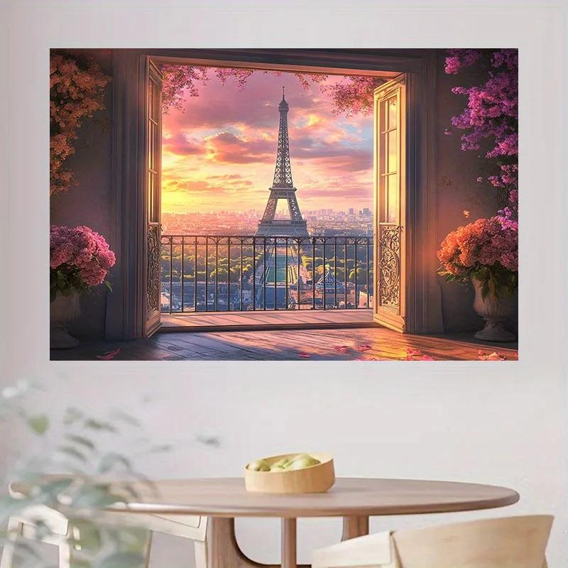 1 Romantic Eiffel Tower Background Cloth In Paris - Dreamy Sunset with Purple Flower Decoration  No Electricity Required