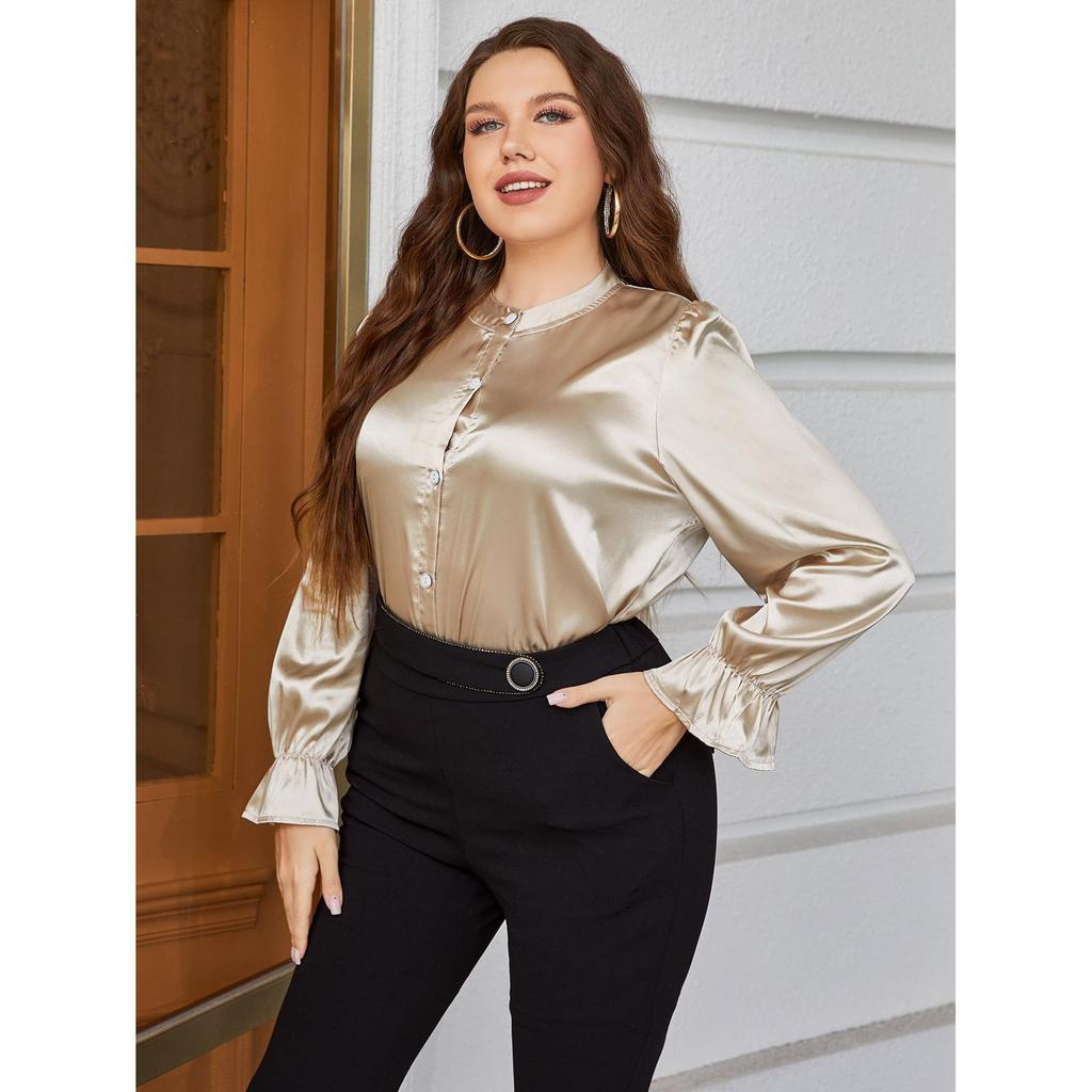 Plus Size Women’s Satin Long Sleeve Top - European & American Style