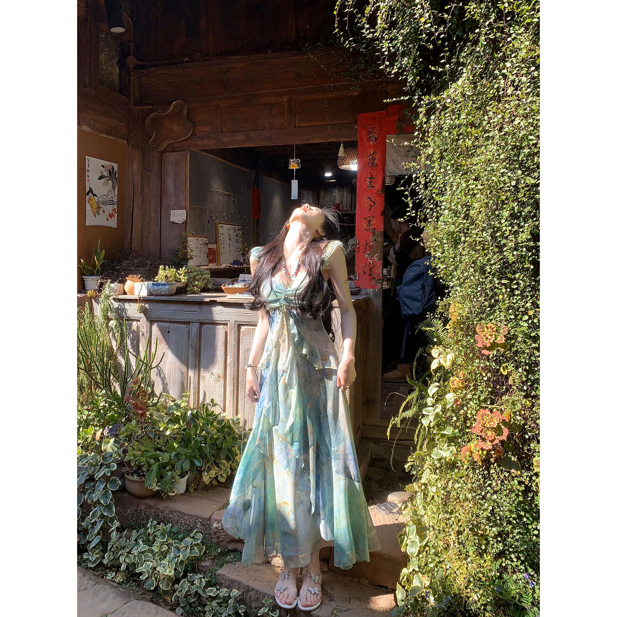 

Floating Summer in the Woods: Blue Elegant Slimming Long Dress for Travel Photography M