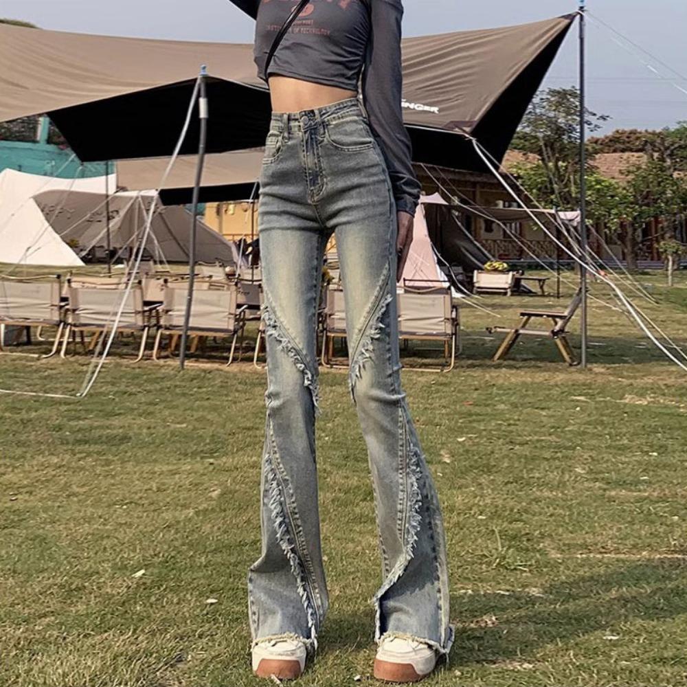 Rough Edge Slightly Pulled Jeans Women's Spring and Autumn New High-waisted Slim-fitting Splicing Nostalgic Horseshoe Horn Jeans
