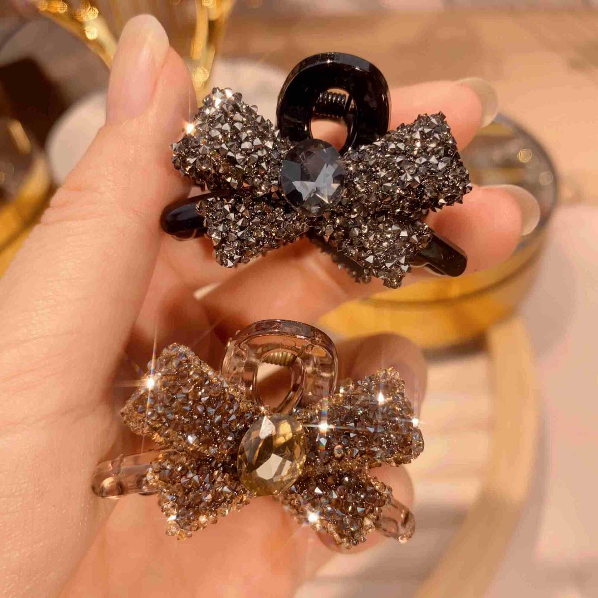 Korean Rhinestone Bow Hair Clip for Women – Stylish Bangs & Sideburns Accessory Brown Bow Small Claw Single