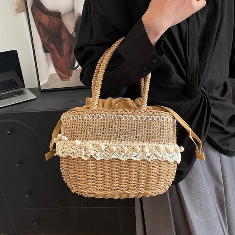Yogodlns Women Straw Woven Bag Straw Tote Bag Large Capacity Weaving Shoulder Purse with Lace Woven Shopping HandBag Summer Beach Clutch