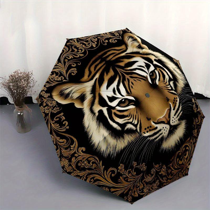 Golden Tiger Portrait Decorative Plate Umbrella, Cute Umbrella with Cute Design, Portable 3-Fold Compact Umbrella for Men & Women, Valentine's Day Mot