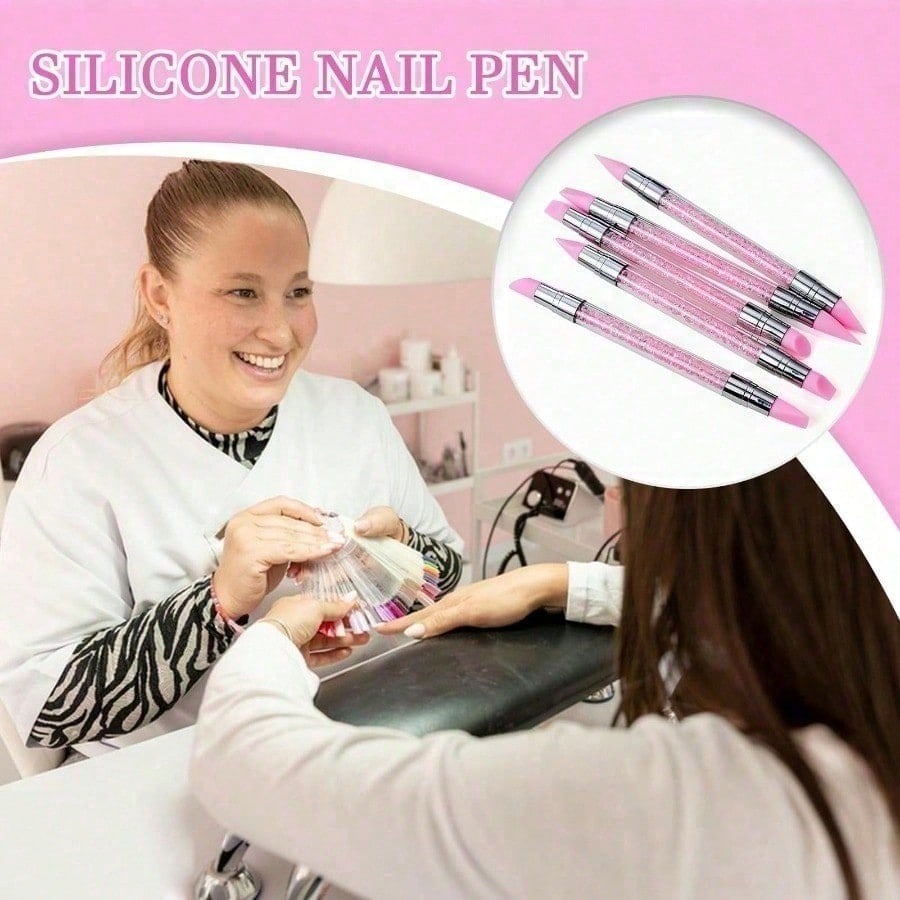 5Pcs Set Pink Dual Ended Rhinestone Nail Art Silicone Pen Sculpture Pen 3D Flower Carving DIY Manicure Brush Nail Dotting Pen
