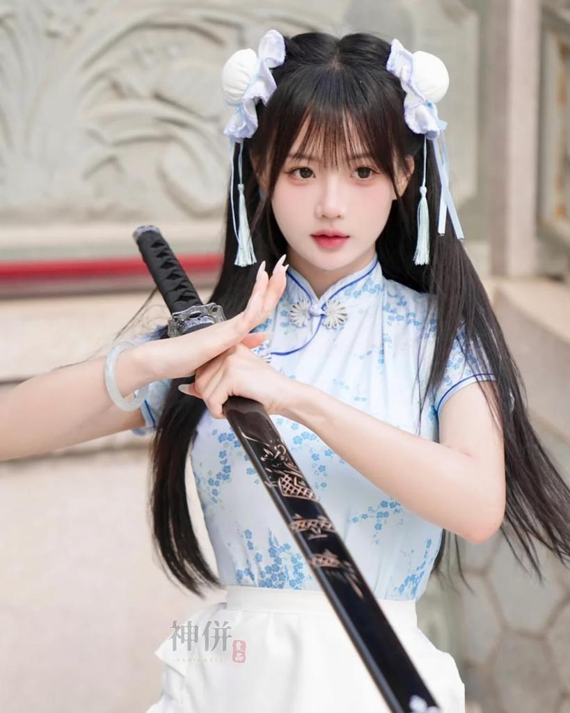 Cheongsam Girl Light Chinese Set with Bun and Costume Size [Excellent Product] Costume, Blue, Style, 4-Piece Cover, Sexy, Cute, Moe, Women's (Blue, S)