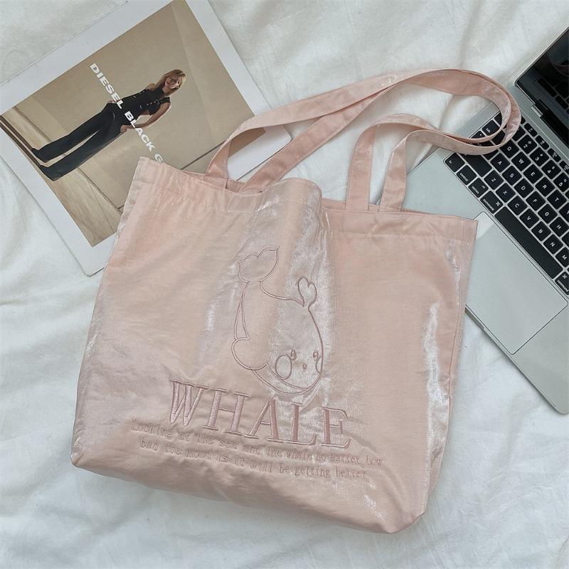 

Niche design pearlescent embroidery cream color large capacity canvas bag women handbag shoulder tote bag