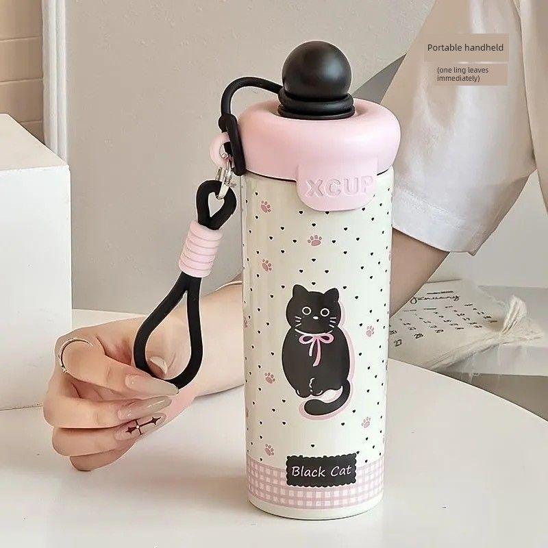 Super Cute Large-Capacity Thermos Cup, Cartoon Design, Dual-Use for Home and Car, Internet Celebrity, Quirky and Unique, with Cup for Goddesses