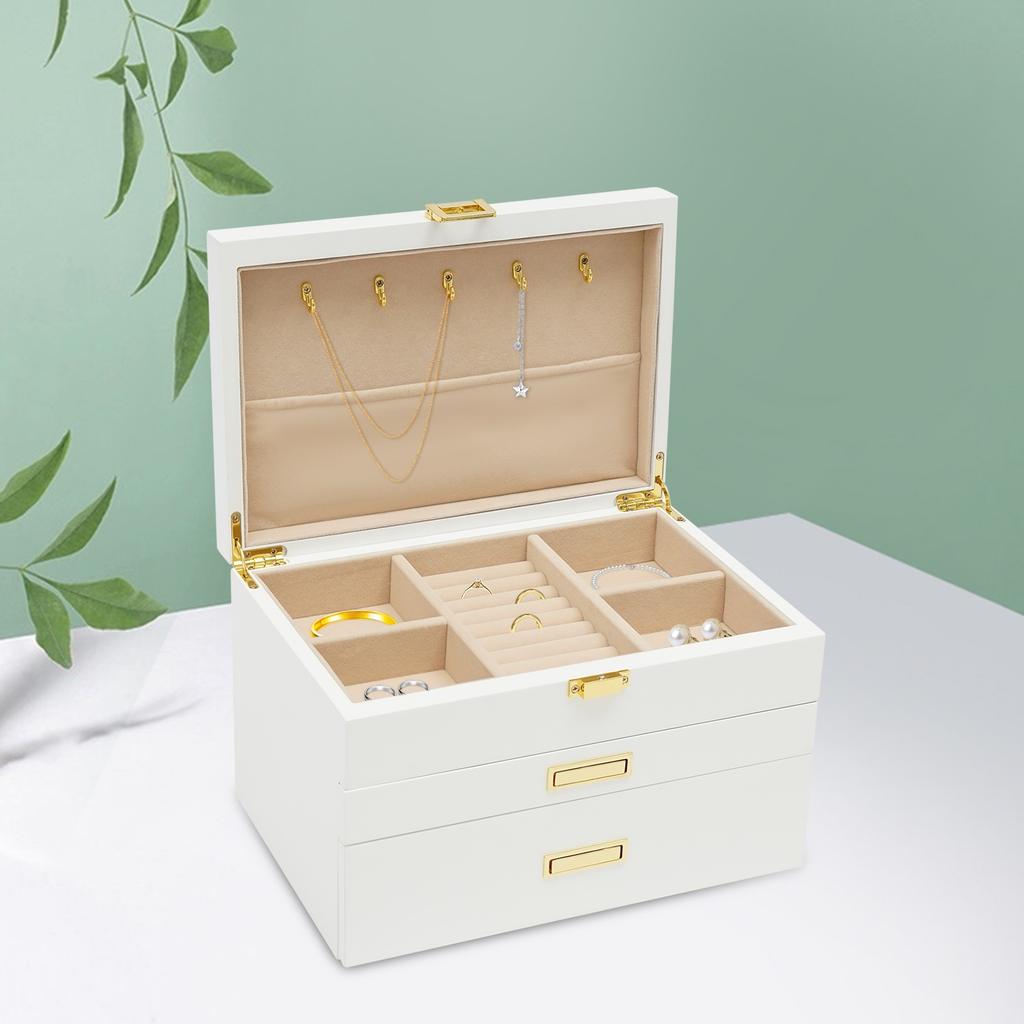 3-Layer Jewelry Organizer Box for Women, Modern White Jewelry Storage Box with Plush Lining, Rectangular Jewelry Display Case