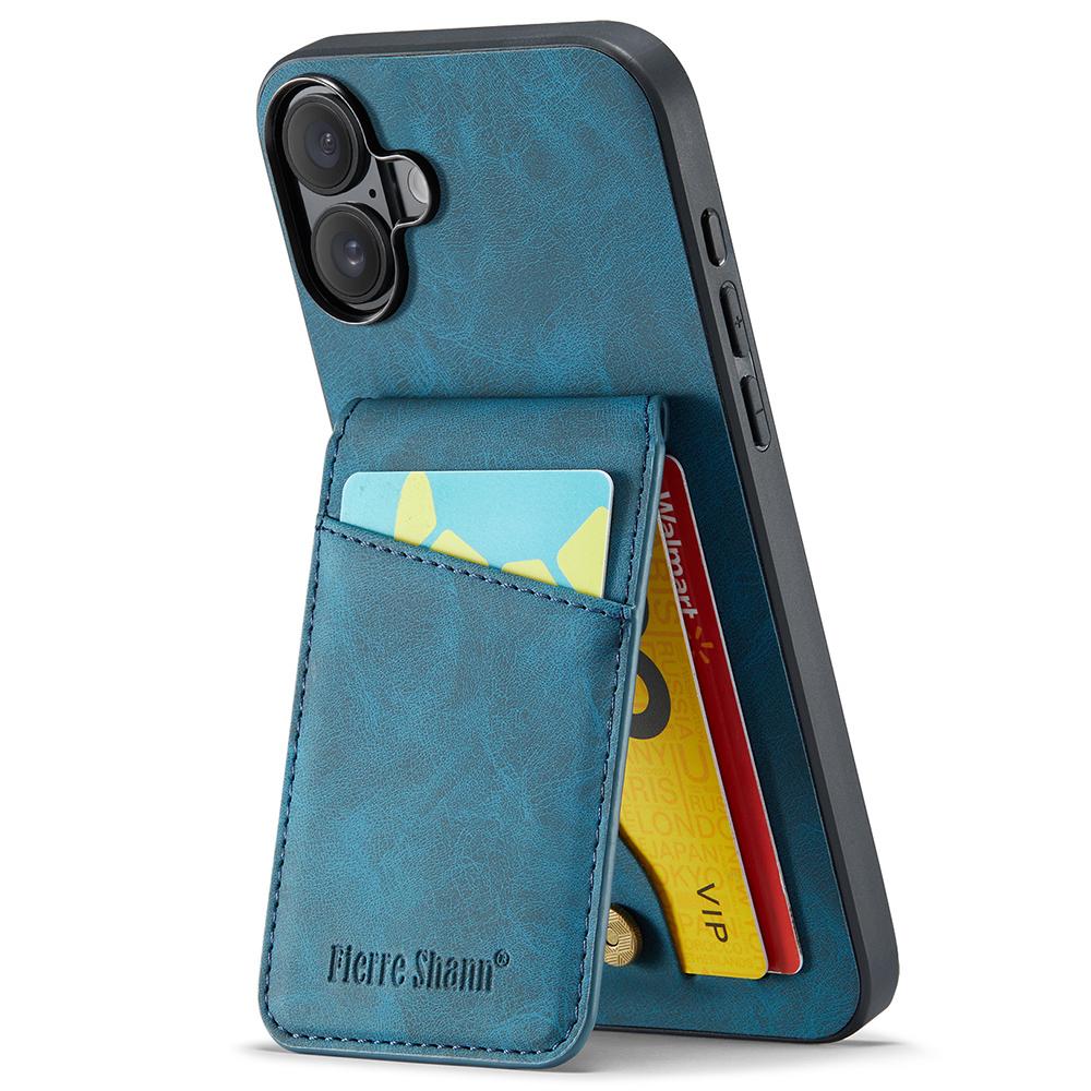 FIERRE SHANN For iPhone 16 Plus Case Card Holder Kickstand Leather RFID Blocking Back Cover