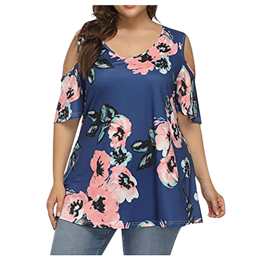Women Fashion Floral Printing Short Sleeve T-Shirt Plus Size Round Neck Tops