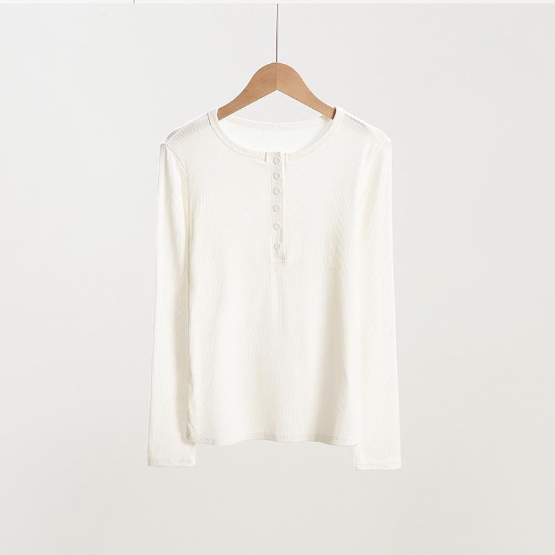 Women's Slim Fit Long Sleeve Half Open Collar T-shirt with Button Detail