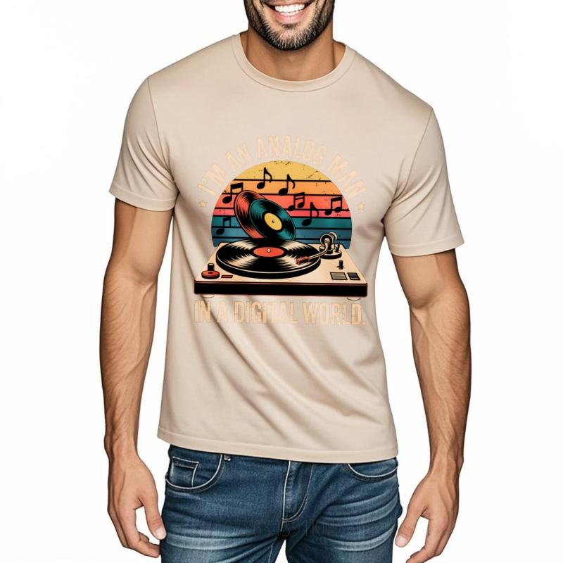 Adult Men O Neck tshirt Brand Analog Man In Digital World Vinyl Record Turntable Music Notes Sunset Background Minimalist