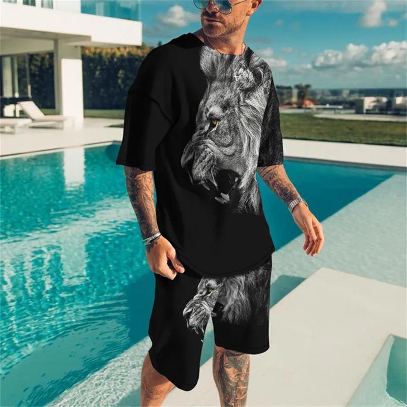 Men Cool Lion Tiger T-shirt Set 3D Animal  Print Casual Style T-shirt Shorts Set Summer New Fashion Street Clothing High-quality