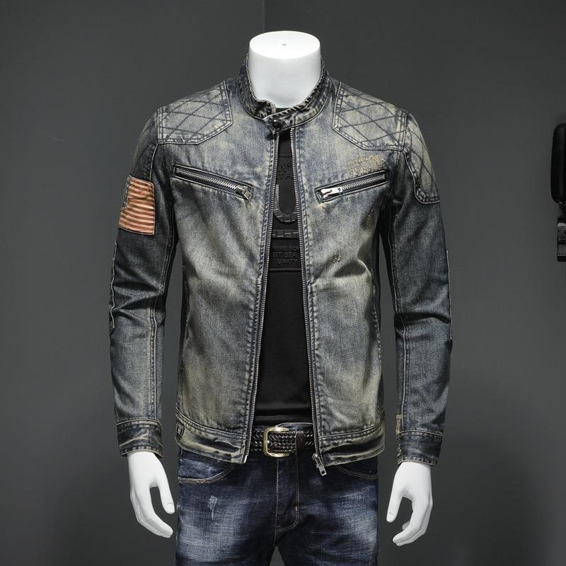 Men's Personalized Patch Denim Jacket Coat Casual Standing Collar Grid Large Size Denim Coat