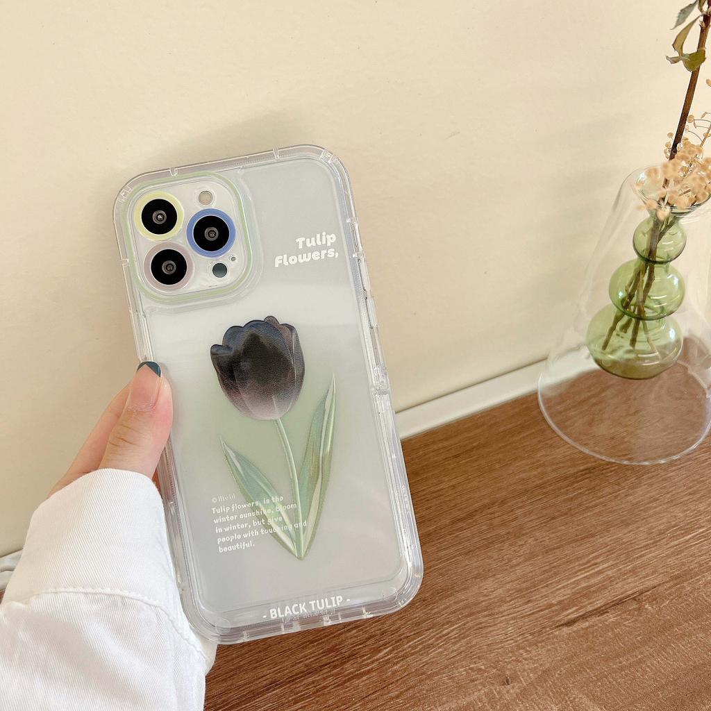 Black Tulips Flower Ins Clear Silicone Soft Phone Case For Iphone 11 12 Pro Max 13 Promax Cartoon Stand Holder Back Cover Capa