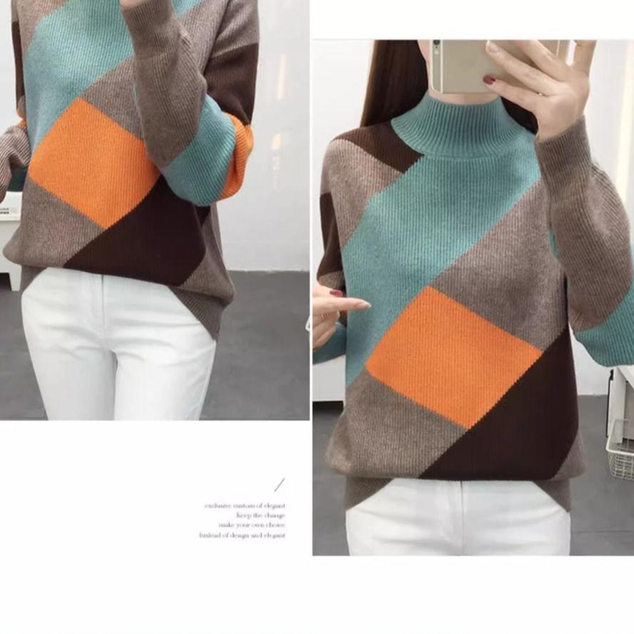 Women's Half Turtleneck Sweater Fall Winter Loose Knit Sweater Top Color-blocked Pullover Knit Jumper Outerwear