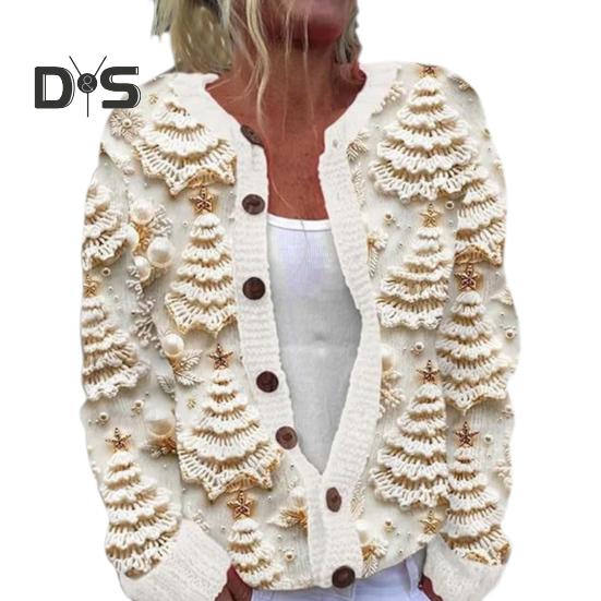 

Женский кардиган с 3D рождественским принтом, однобортный свитер с круглым вырезом и длинными рукавами для школы и поездок на работу XXXXL бежевый