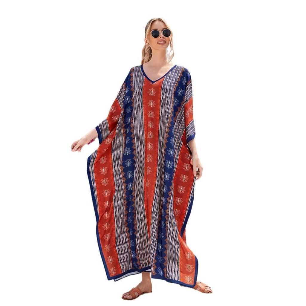 7-Color Cross-border Large Size V-neck Dress Beach Blouse Loose Vacation Dress Bikini Blouse 3897