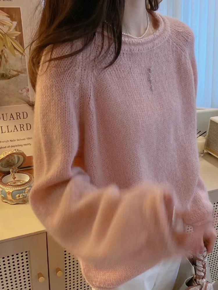 Women's Pink Wool Cashmere Pullover - Round Neck, Warm & Soft, Versatile Stylish Knit Sweater for Autumn/Winter