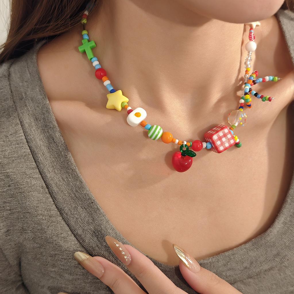 Creative Design Macaron Star Beaded Necklace, Light Luxury High-End Contrasting Color Candy Cartoon Cute Necklace