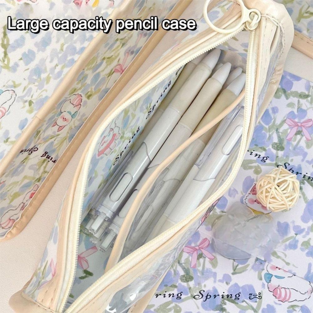Cute Tulip Cat Bow Pen Bags Transparent Student Stationery Organizer Cartoon Pencil Case  Gifts