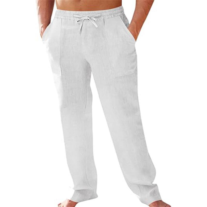 

Men s Linen Casual Trousers with Elasticated Waistband Solid Colour, Relaxed Straight Leg with Drawstring Breathable and Stylish Long Trousers S белый