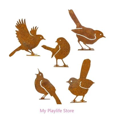 5Pcs Weathered Iron Bird Silhouettes Creative Garden and Patios Decoration Metal Bird Sculpture Yard Ornaments