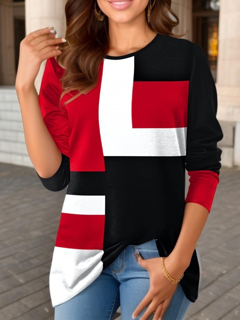 Women's Color Block Long Sleeve T-Shirt Crew Neck Casual Geometric Print Top