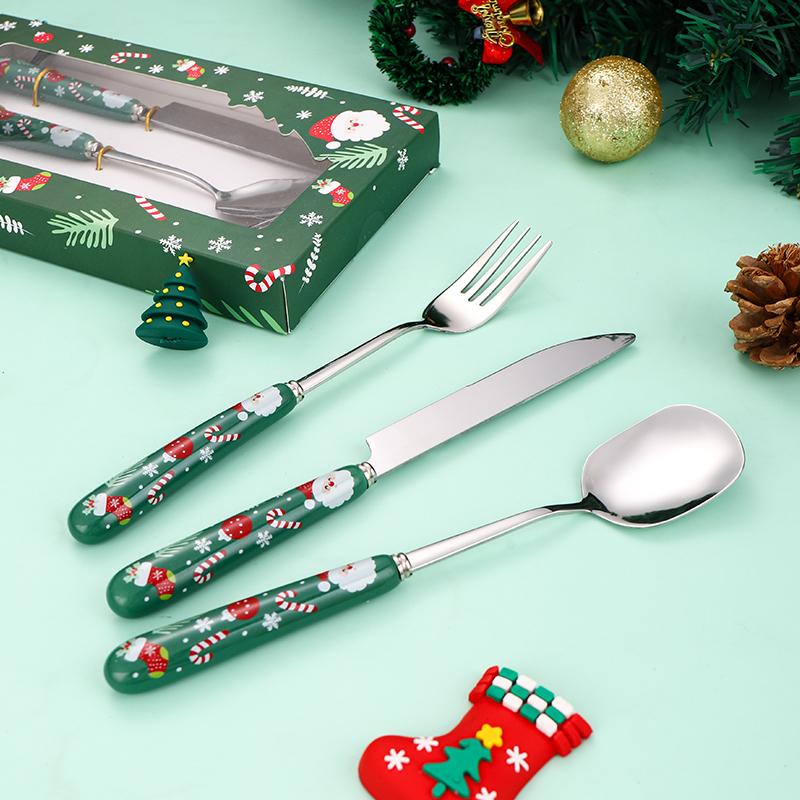 Christmas Tableware Set, 304 Stainless Steel Cutlery Set, Ceramic Handle, Luxury Dining Tableware, Christmas Dinner Set, 3Pcs