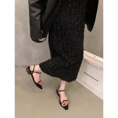 Niche Low-heeled Black One-word Strap Sandals Fairy Shoes 2024 New Summer French Pointed Thin Strap Roman Shoes