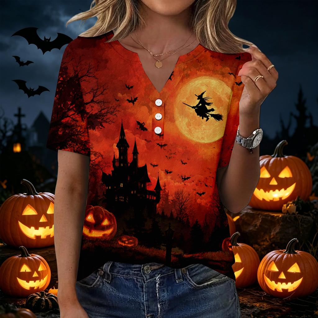 Women Casual V Neck Short Sleeve Button T Shirt Halloween Print Top Lightweight Comfortable Fit