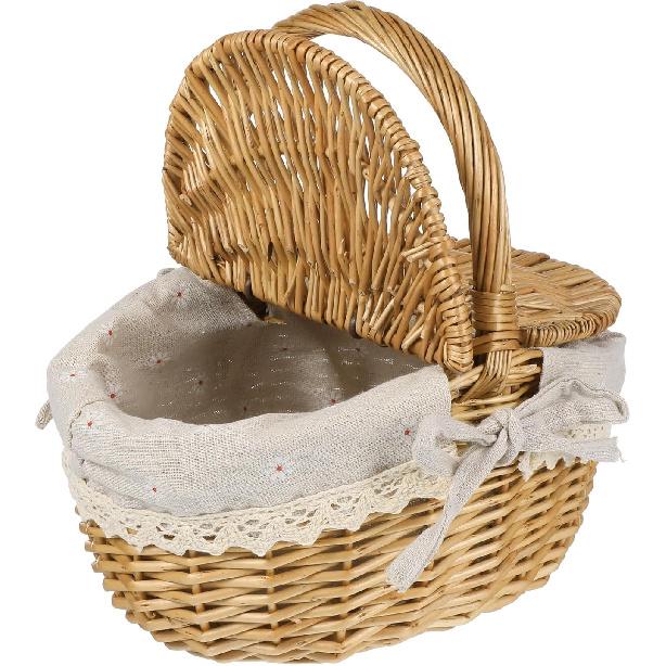Oval Wicker Picnic Basket 1pc Fruit Vegetable Storage Basket Wicker Weaving Camping Picnic with Double Lid Linen Cotton Cloth Lining for Storage and
