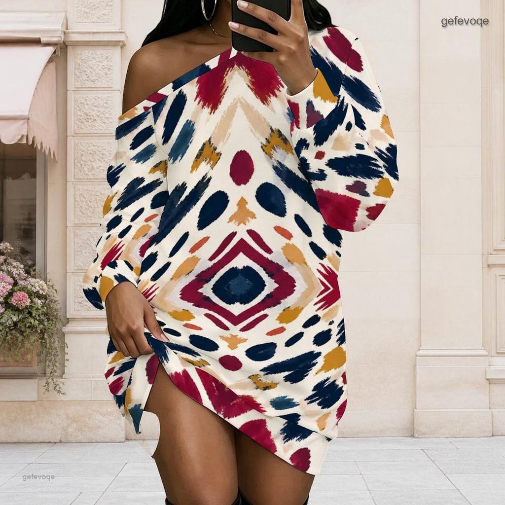 Women Plus Size Off Shoulder Long Sleeve Geometric Print Loose Tunic Dress