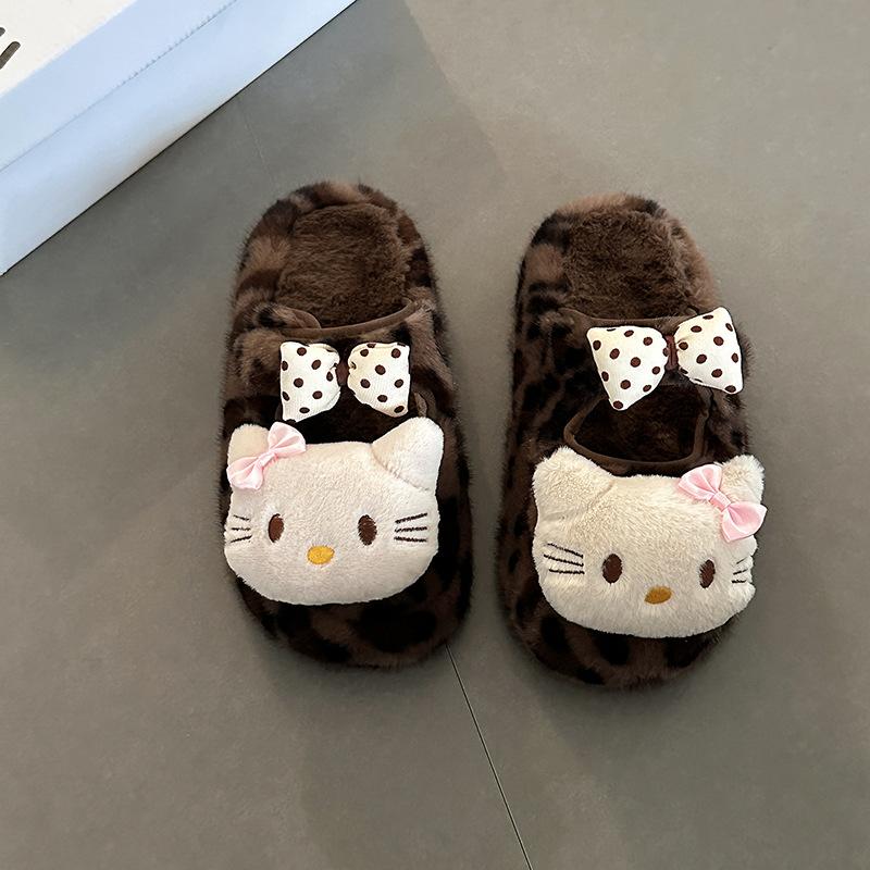 

Fashion cute and sweet KT cat fluffy slippers women s autumn and winter 2025 thick-bottomed velvet thermal cotton bag head slippers 40 леопардовый