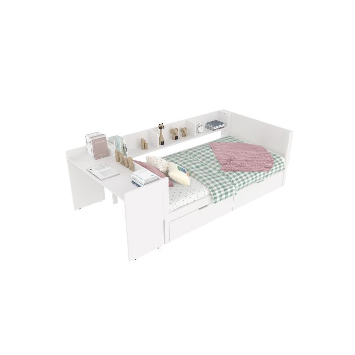 Lit - Blanc - 90x200 Cm - Bureau À 2 Tiroirs - Bois Massif - 1 Place